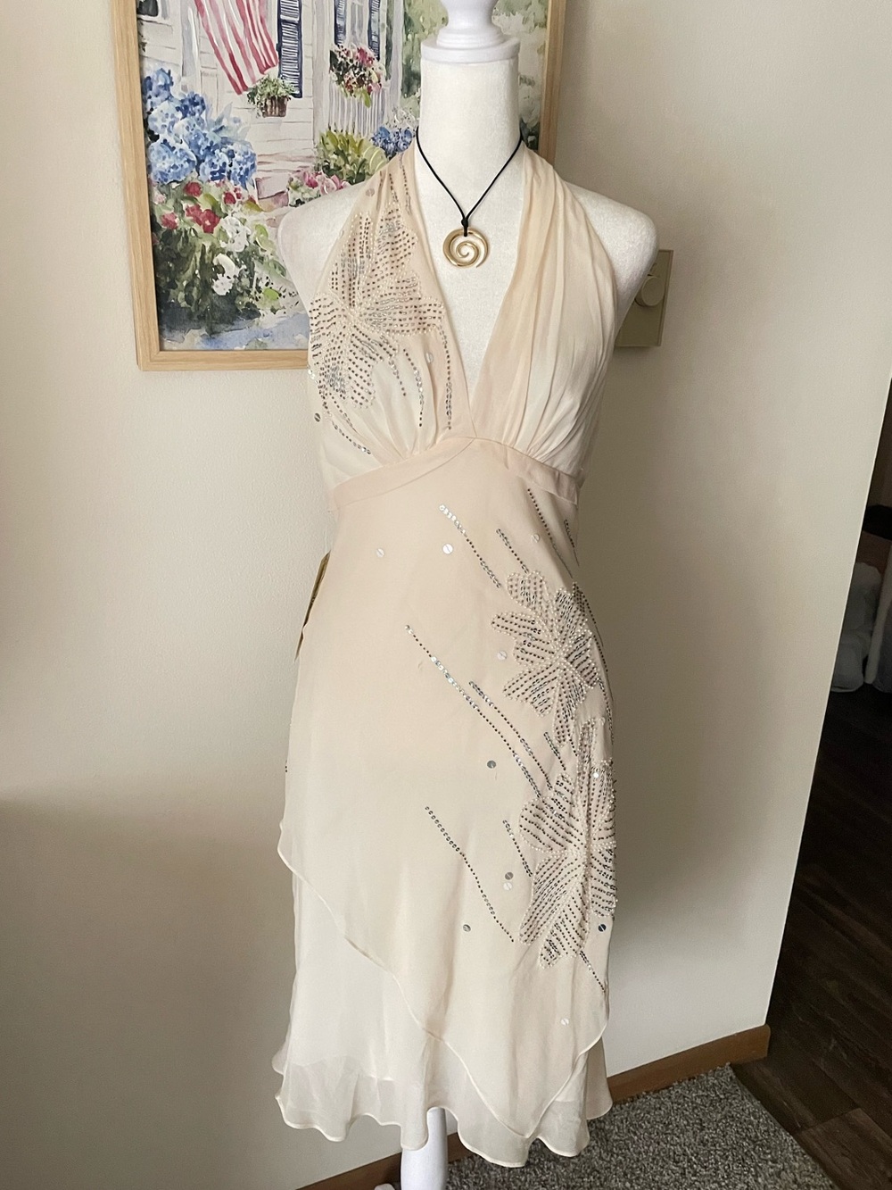 BCBGMAXAZRIA Y2K VTG Fairycore 100% Silk Beaded Halter Dress US 6 New w/ Flaws